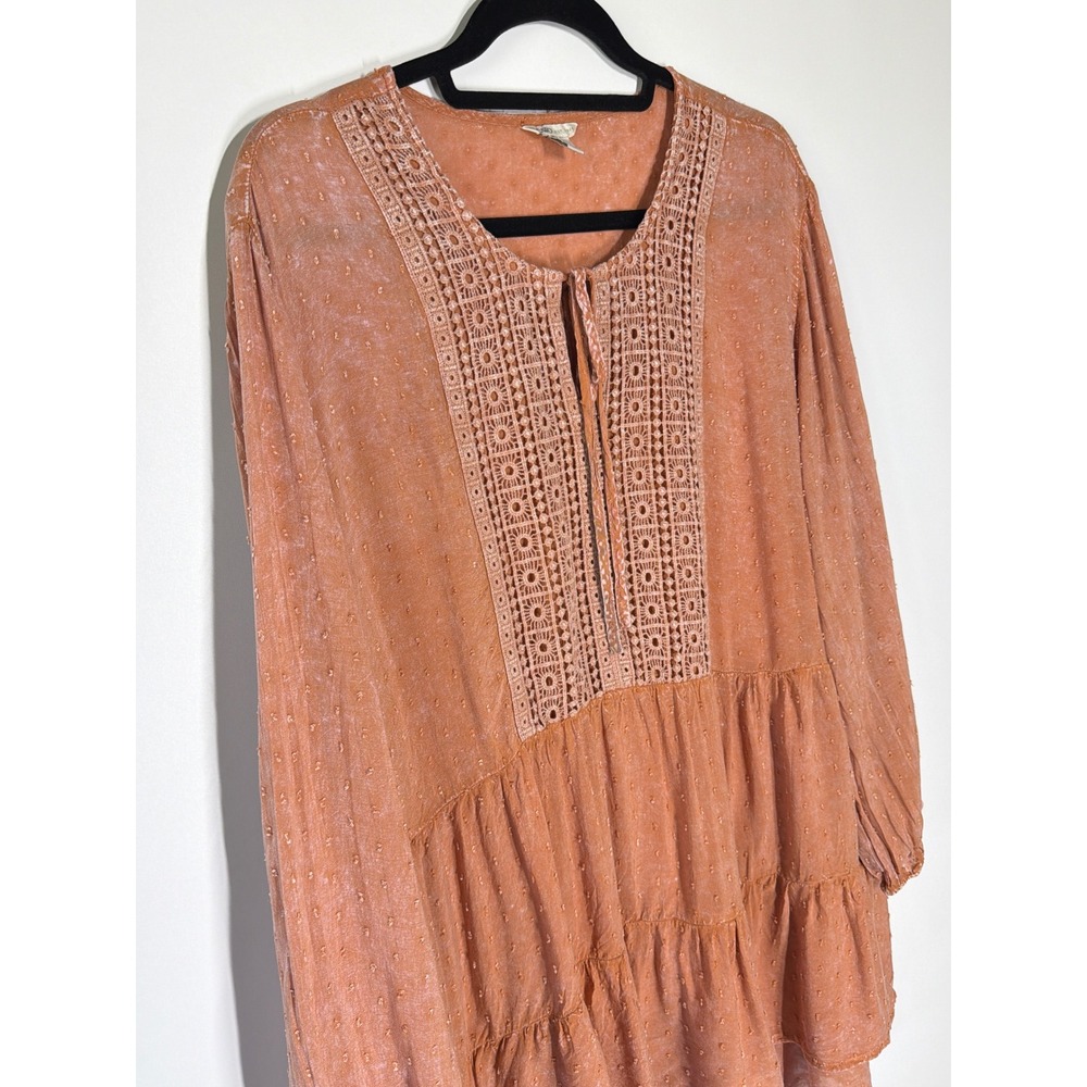 Cato XL Terracotta Boho Crochet Lace Trim Swiss Dot Tiered Ruffle Tunic Top - Picture 6 of 10